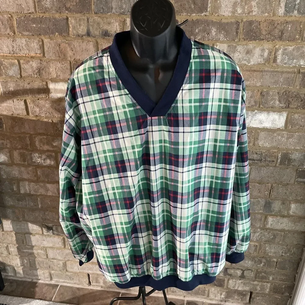 Vintage IZOD Green Blue Plaid Men's Pullover Windbreaker Jacket Size XL‎